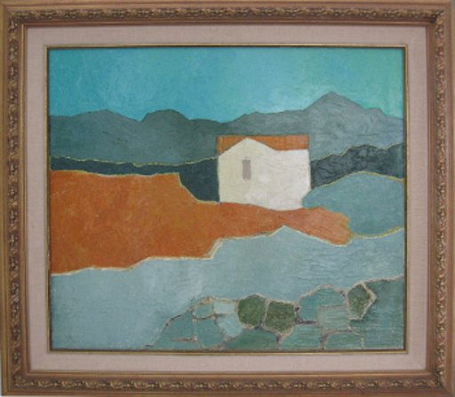 101.JPG - Landschap met eenzaam huisje, olieverf op paneel, 65x55 cm