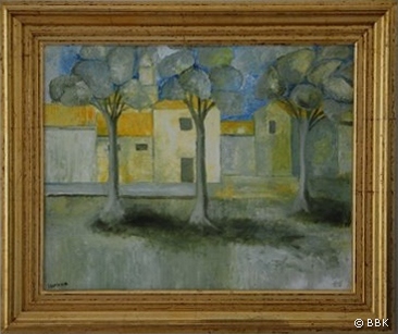 schilderij_dorpspleintje.JPG - Dorpspleintje Zuid-Frankrijk in avondzon, 70x70 cm